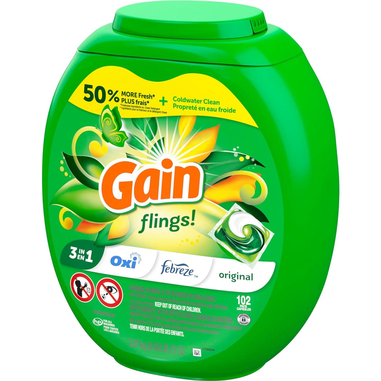 Gain Flings Detergente para Ropa 102 Pacs 2.37kg Aroma Original