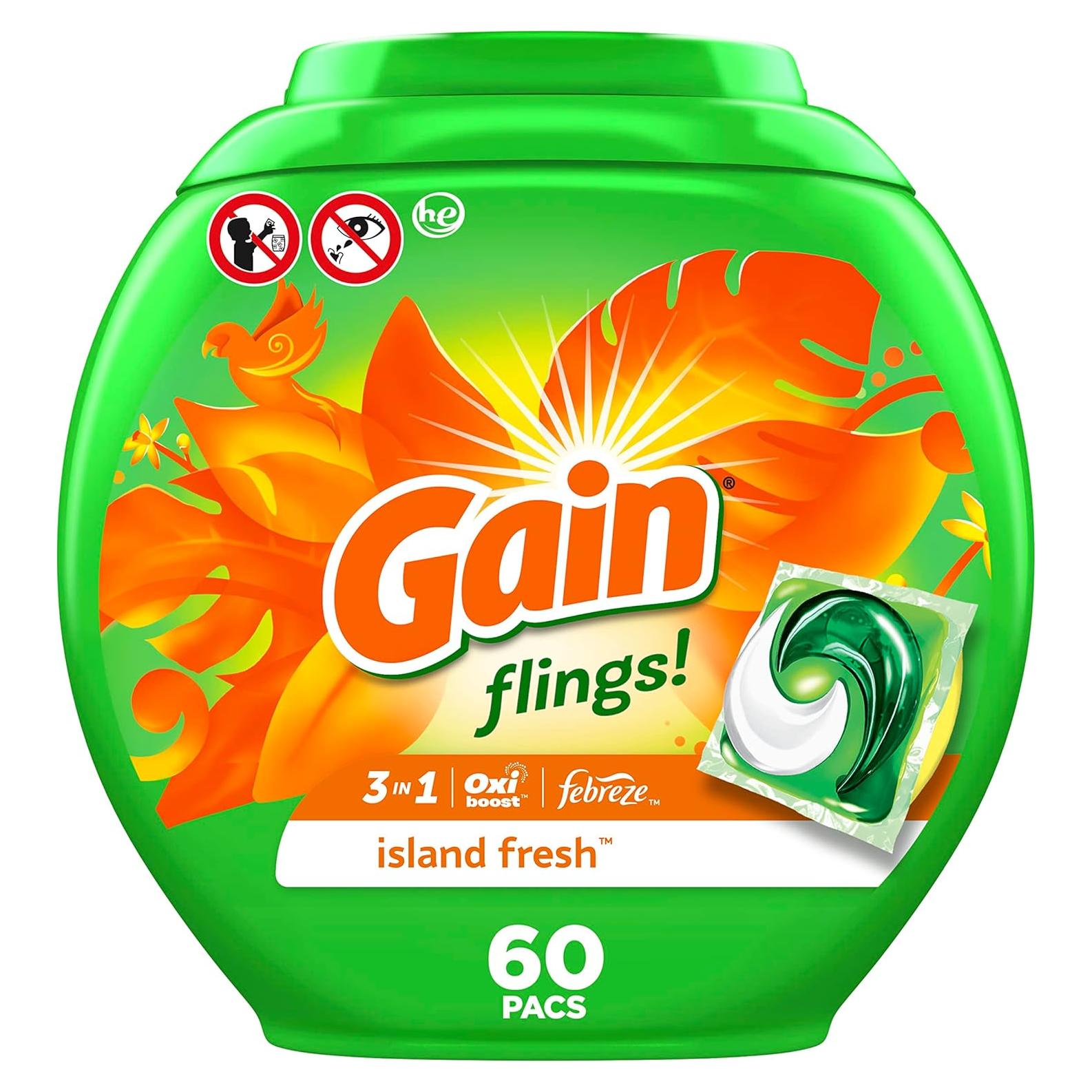 Gain Flings! Detergente para Ropa HE 60 ct Aroma Isla Fresca