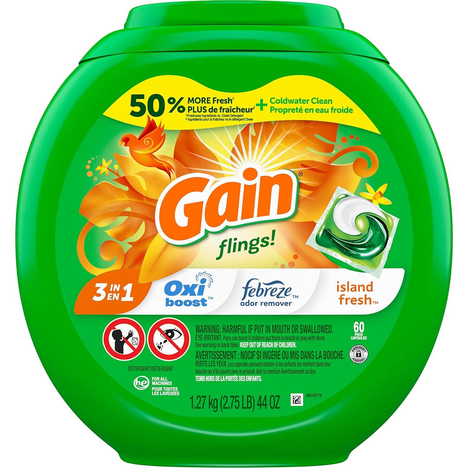 Gain Flings! Detergente para Ropa HE 60 ct Aroma Isla Fresca