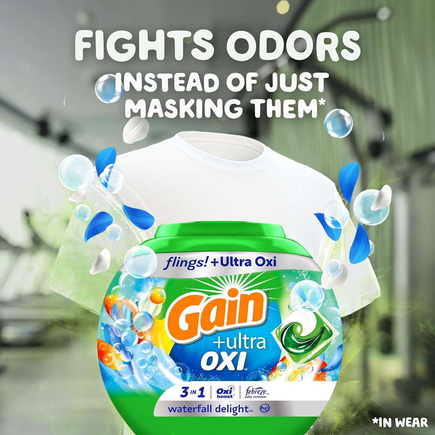 Gain Flings Ultra Oxi Detergente para Ropa 102 Pacs Aroma Cascada