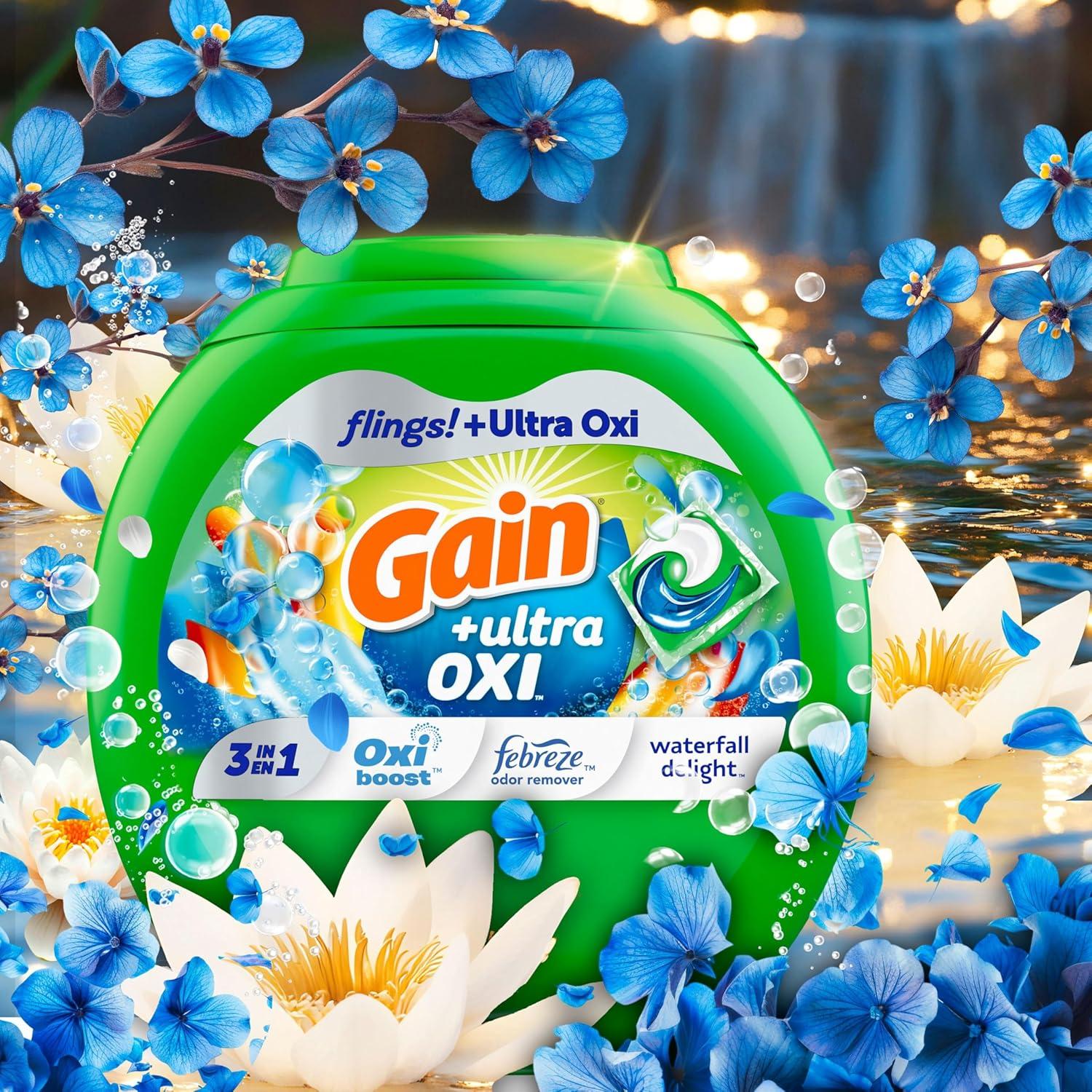 Gain Flings Ultra Oxi Detergente para Ropa 102 Pacs Aroma Cascada