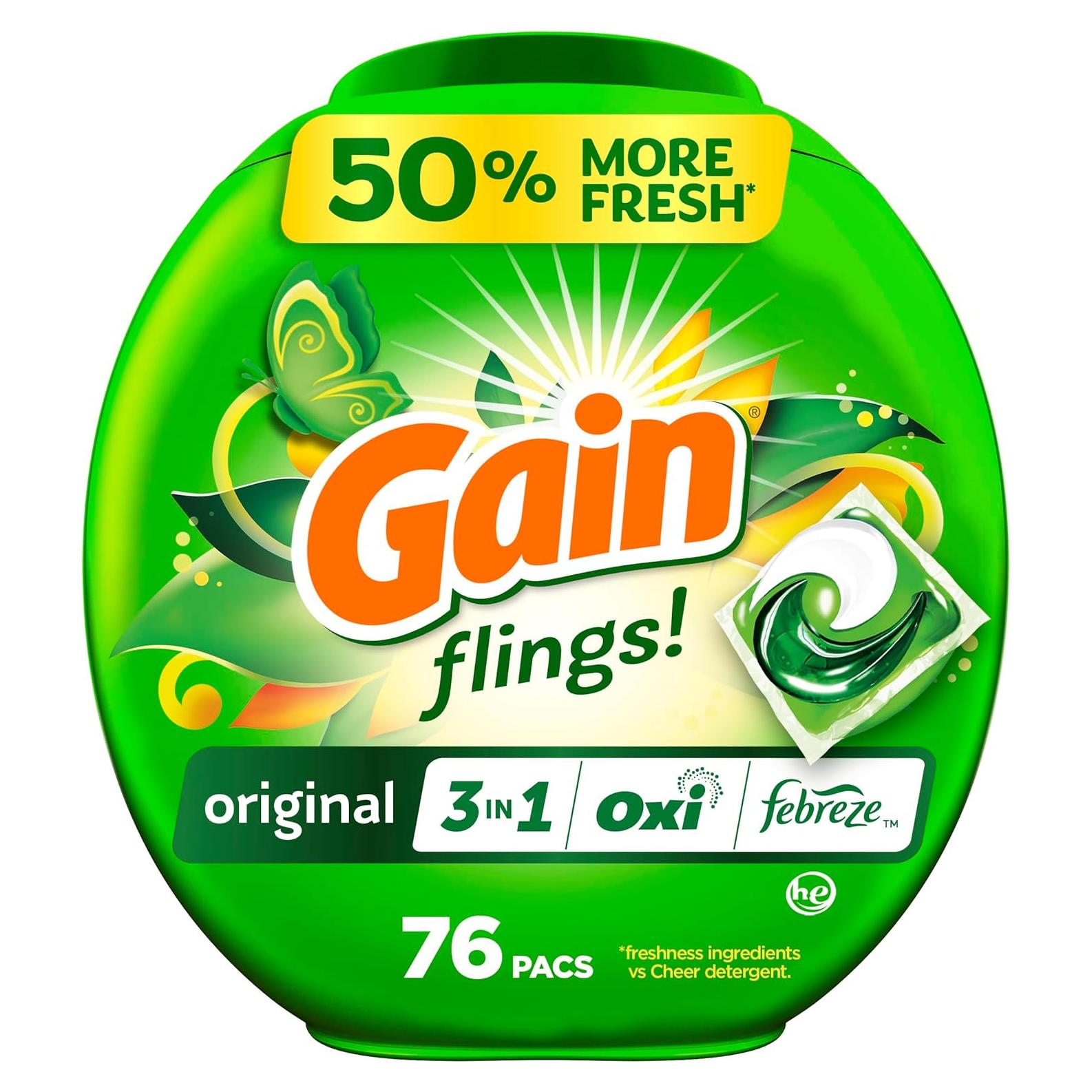 Gain Flings Jabón Detergente para Ropa Aroma Original 76 Pacs