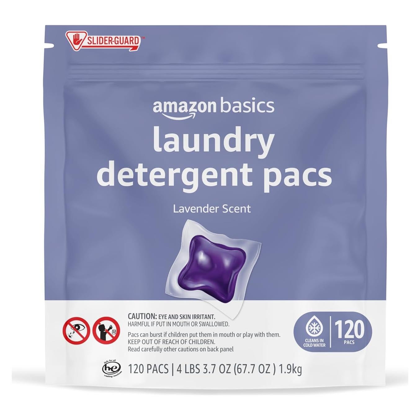 Pacs de detergente para ropa Amazon Basics 120 unidades lavanda