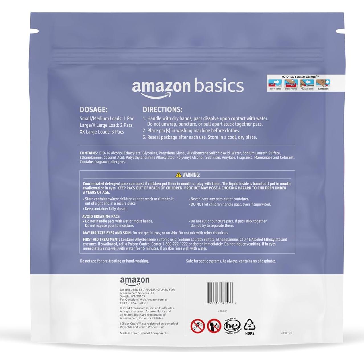 Pacs de detergente para ropa Amazon Basics 120 unidades lavanda