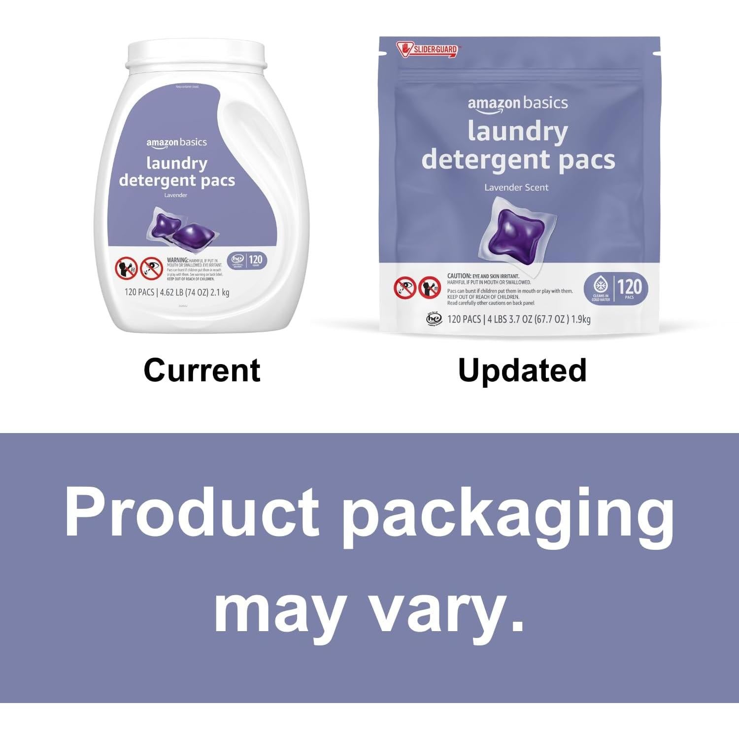 Pacs de detergente para ropa Amazon Basics 120 unidades lavanda