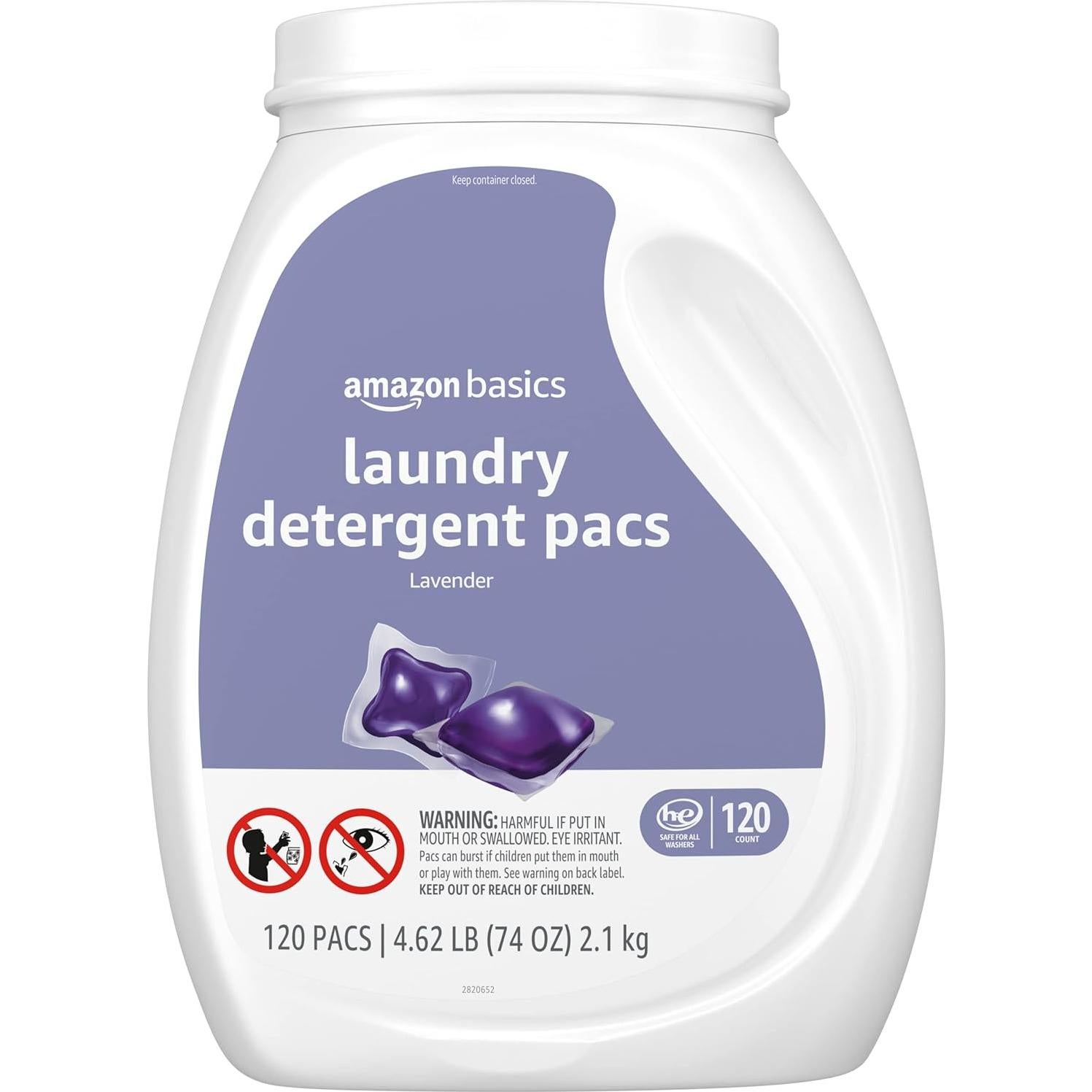 Pacs de detergente para ropa Amazon Basics 120 unidades lavanda