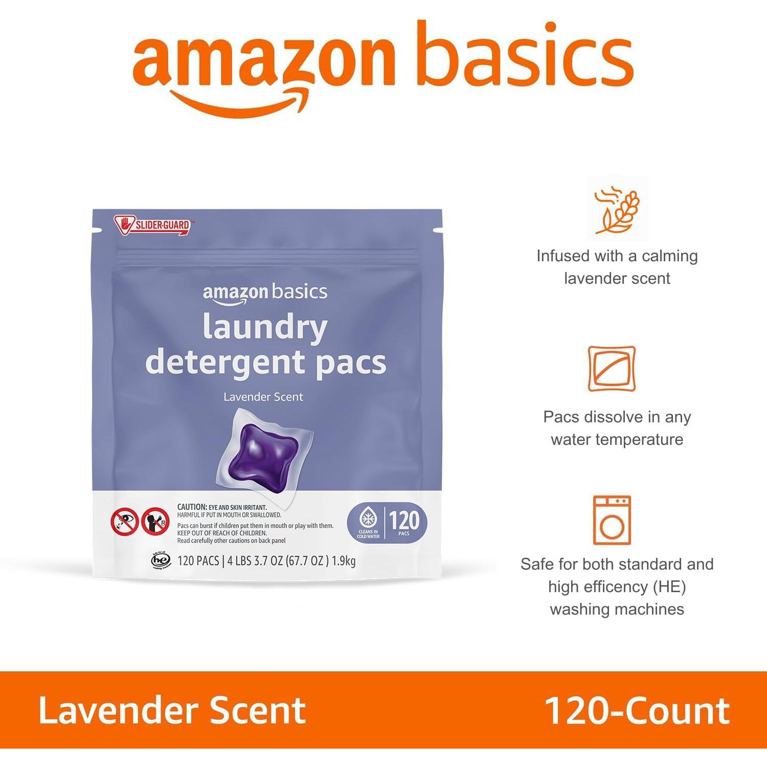 Pacs de detergente para ropa Amazon Basics 120 unidades lavanda