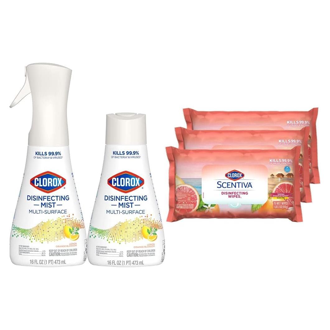 Paquete de limpieza Clorox Mist y toallitas Scentiva 3x75