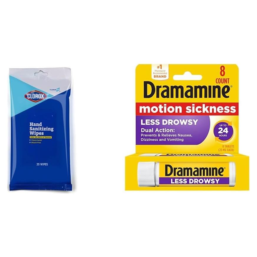 Toallitas de Mano Pro Clorox 20 Ct + Dramamine Alivio Mareo