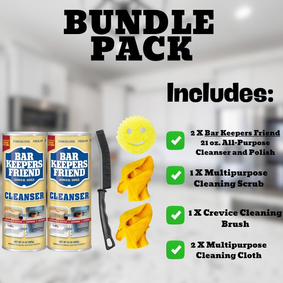 Bar Keepers Friend 21oz Limpiador Multiusos + Paños y Cepillo