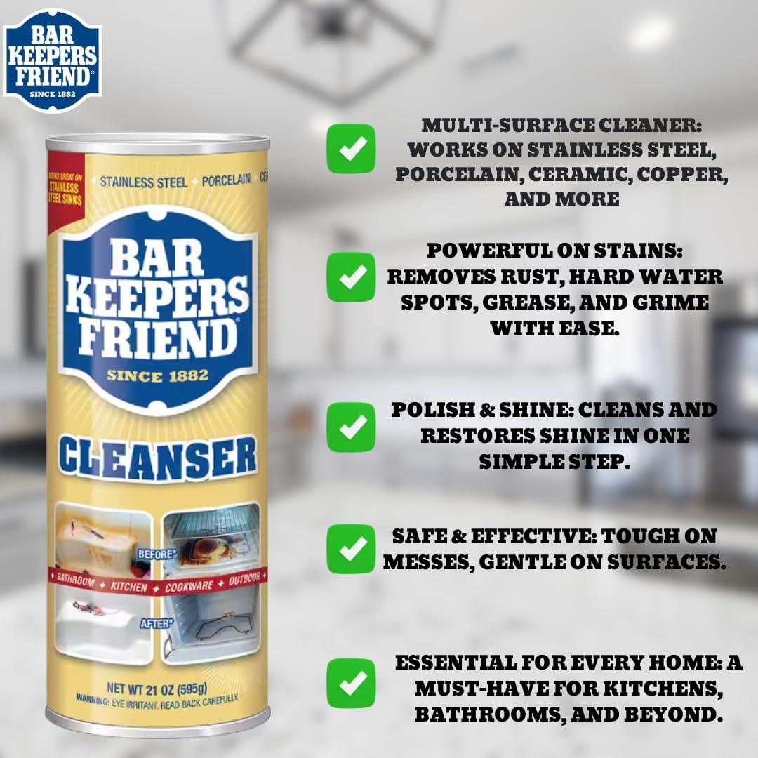 Bar Keepers Friend 21oz Limpiador Multiusos + Paños y Cepillo