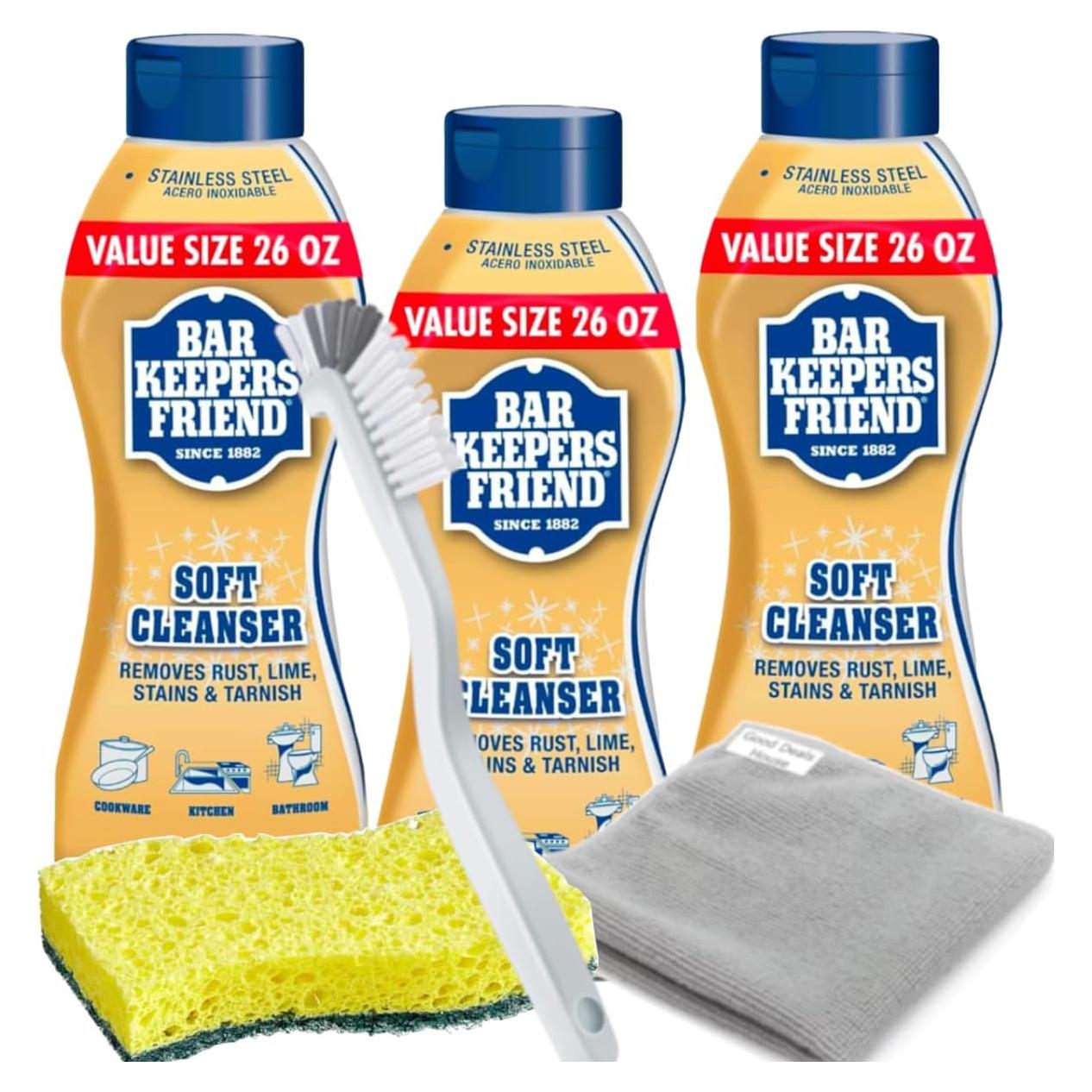 Juego de Limpieza Bar Keepers Friend 3 Botellas 26 Oz + Cepillo + Esponja + Toalla Microfibra 30x40 cm