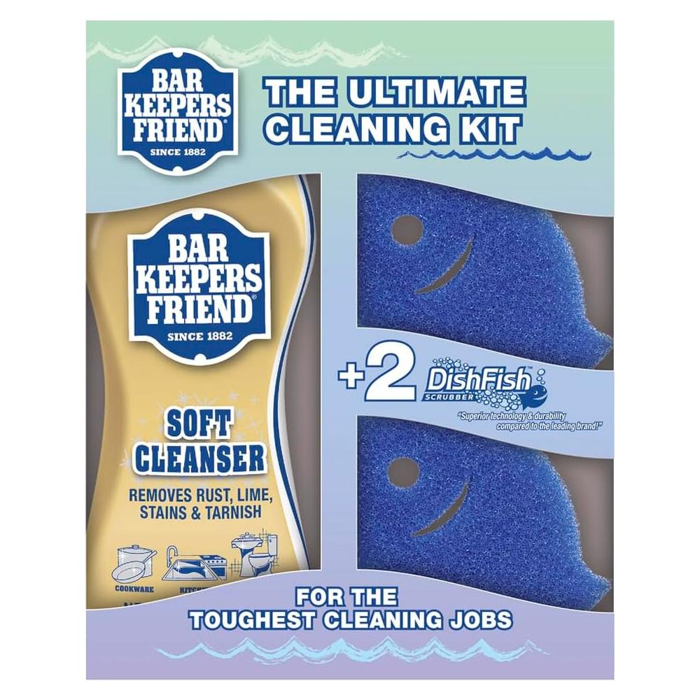 Kit de Limpieza Bar Keepers Friend - Limpiador Suave 770ml + 2 Esponjas DishFish