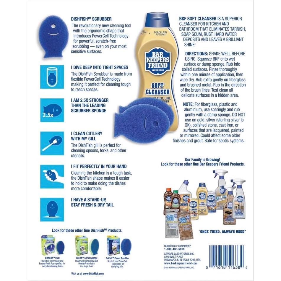 Kit de Limpieza Bar Keepers Friend - Limpiador Suave 770ml + 2 Esponjas DishFish