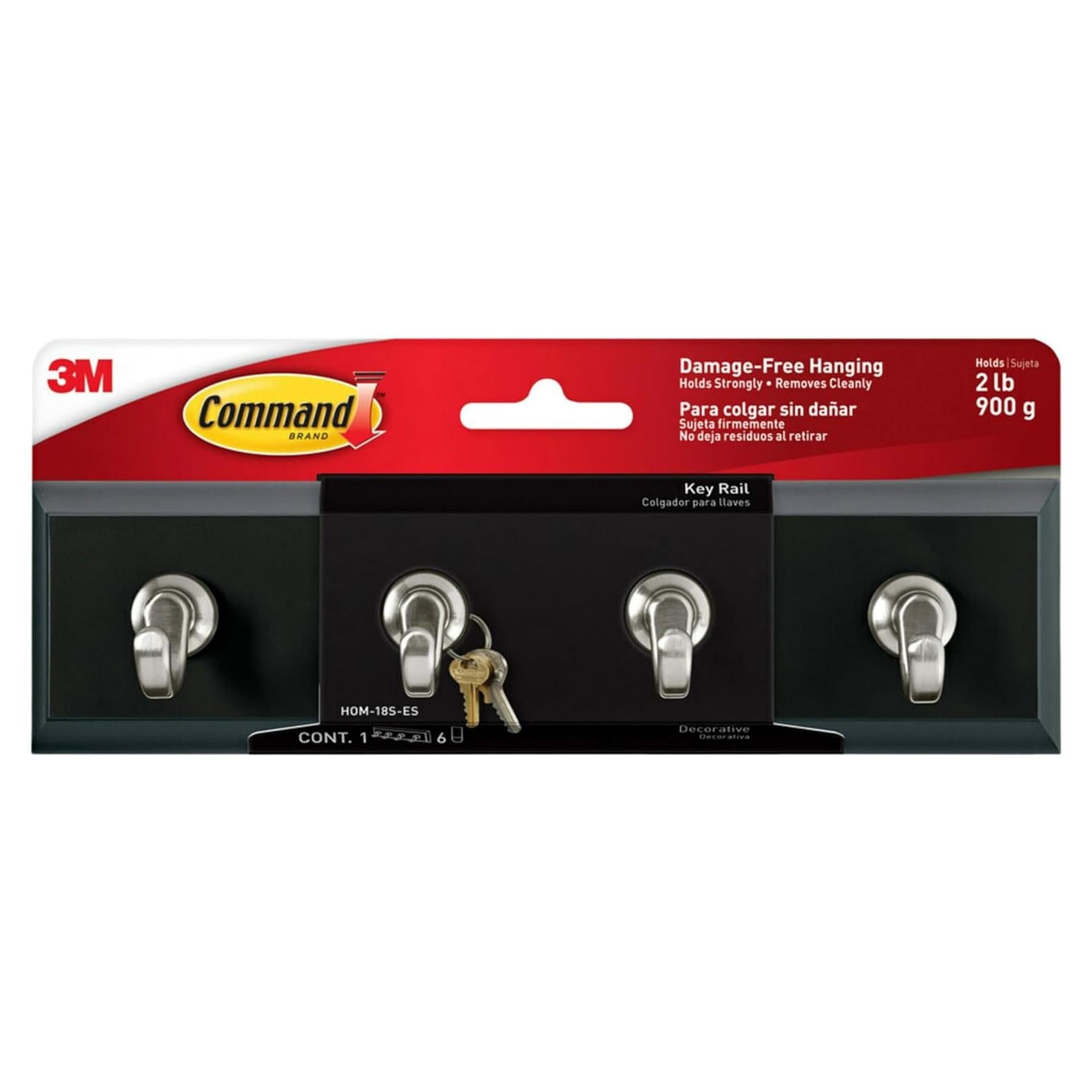 Riel Decorativo para Llaves Command 3M, 4 Ganchos, Negro/Plata