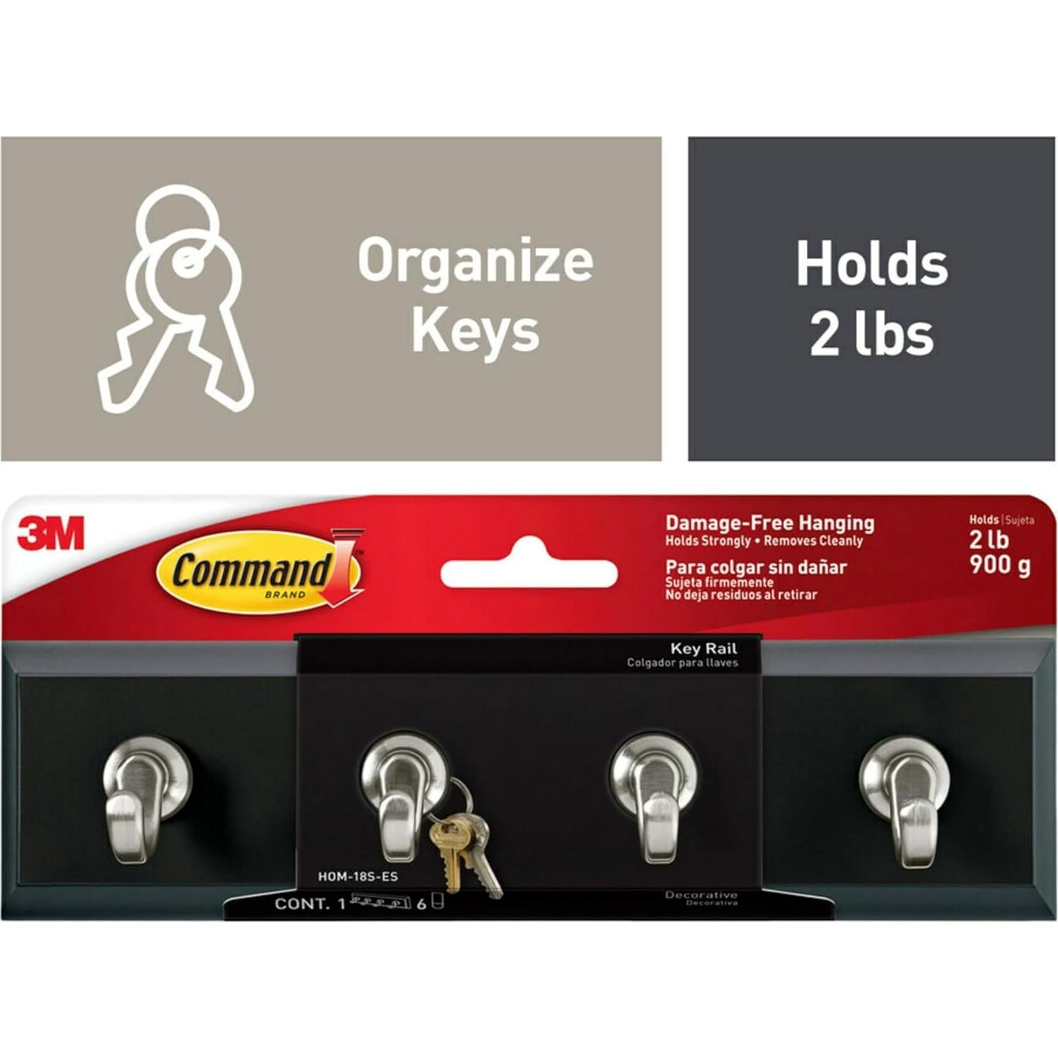 Riel Decorativo para Llaves Command 3M, 4 Ganchos, Negro/Plata