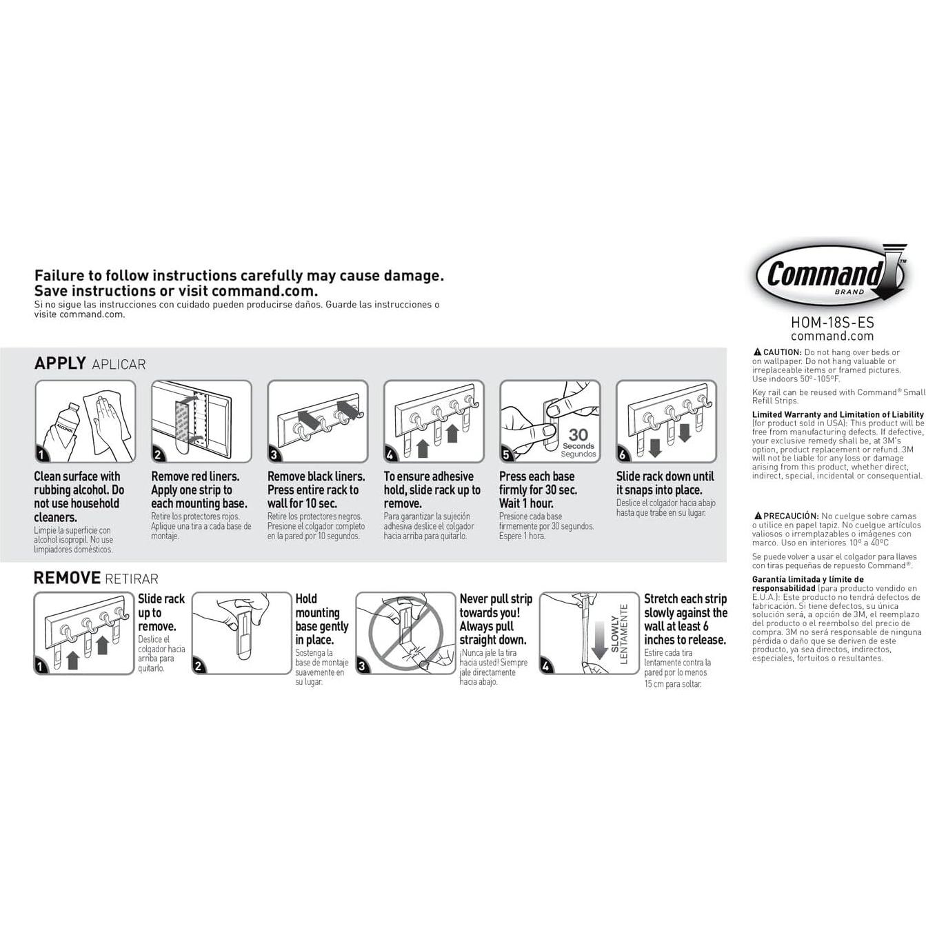 Riel Decorativo para Llaves Command 3M, 4 Ganchos, Negro/Plata