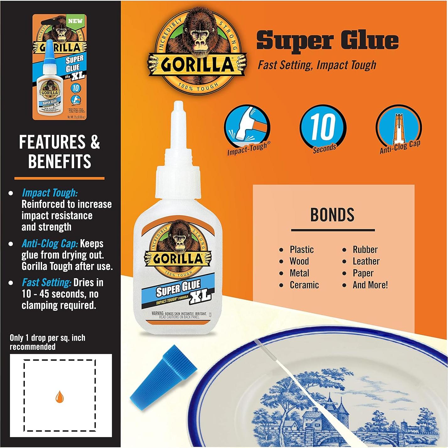 Gorilla Super Glue XL 25g Paquete de 2 - Pegamento Multiusos Secado Rápido