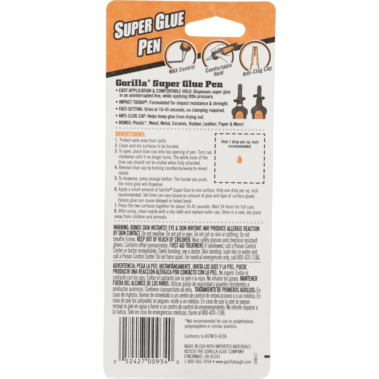 Bolígrafo Super Glue Gorilla 5.5g, Secado Rápido, Transparente