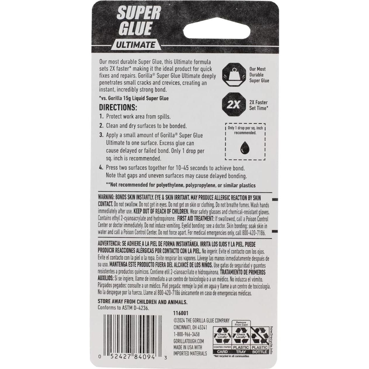 Pegamento Gorilla Super Glue Ultimate 15g - Cianoacrilato Rápido