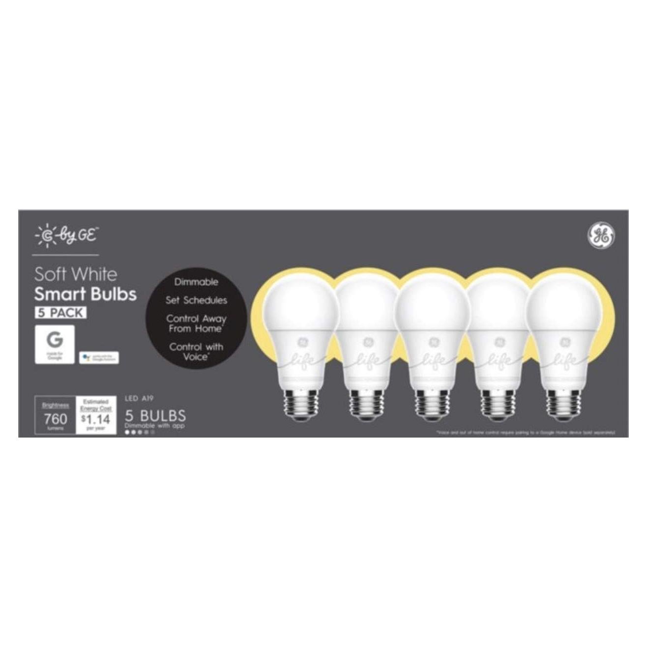 Bombillas LED Inteligentes GE A19 9.5W Luz Blanca Suave - 5 Unidades
