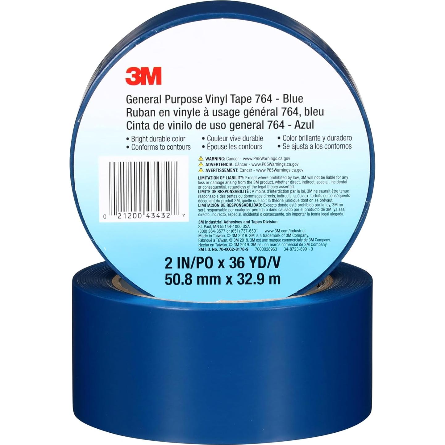 Cinta de Vinilo 3M 764 Azul 5 cm x 32.9 m para Marcado de Suelo