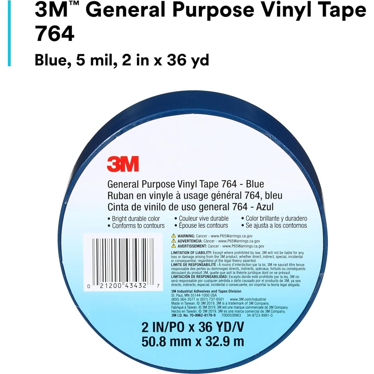 Cinta de Vinilo 3M 764 Azul 5 cm x 32.9 m para Marcado de Suelo