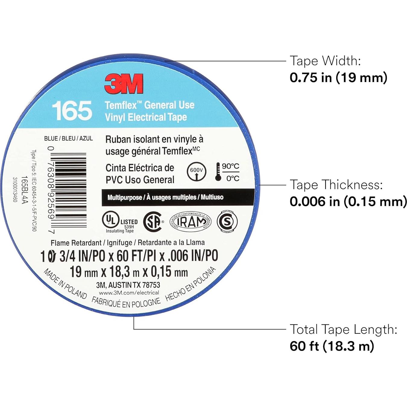Cinta Eléctrica de Vinilo 3M Temflex 165 Azul 19mm x 18m 10 Rollos
