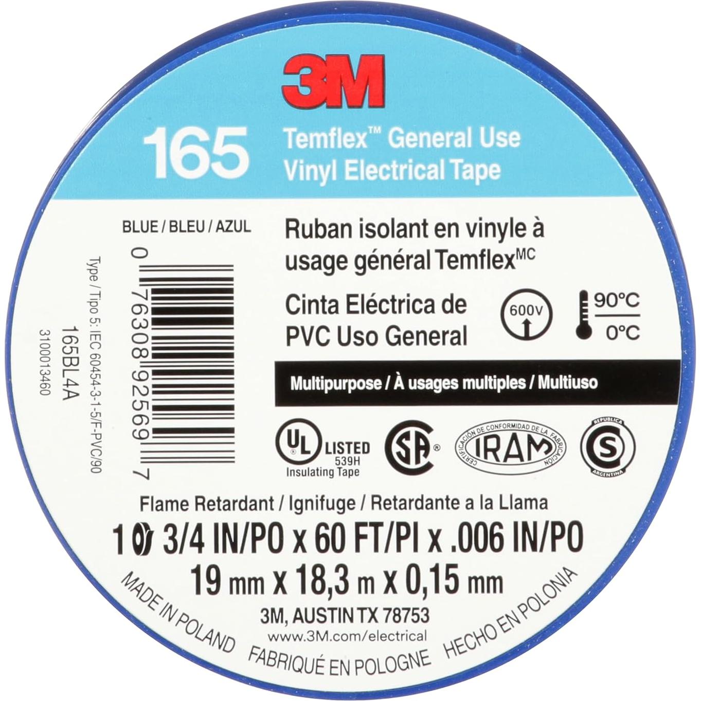 Cinta Eléctrica de Vinilo 3M Temflex 165 Azul 19mm x 18m 10 Rollos