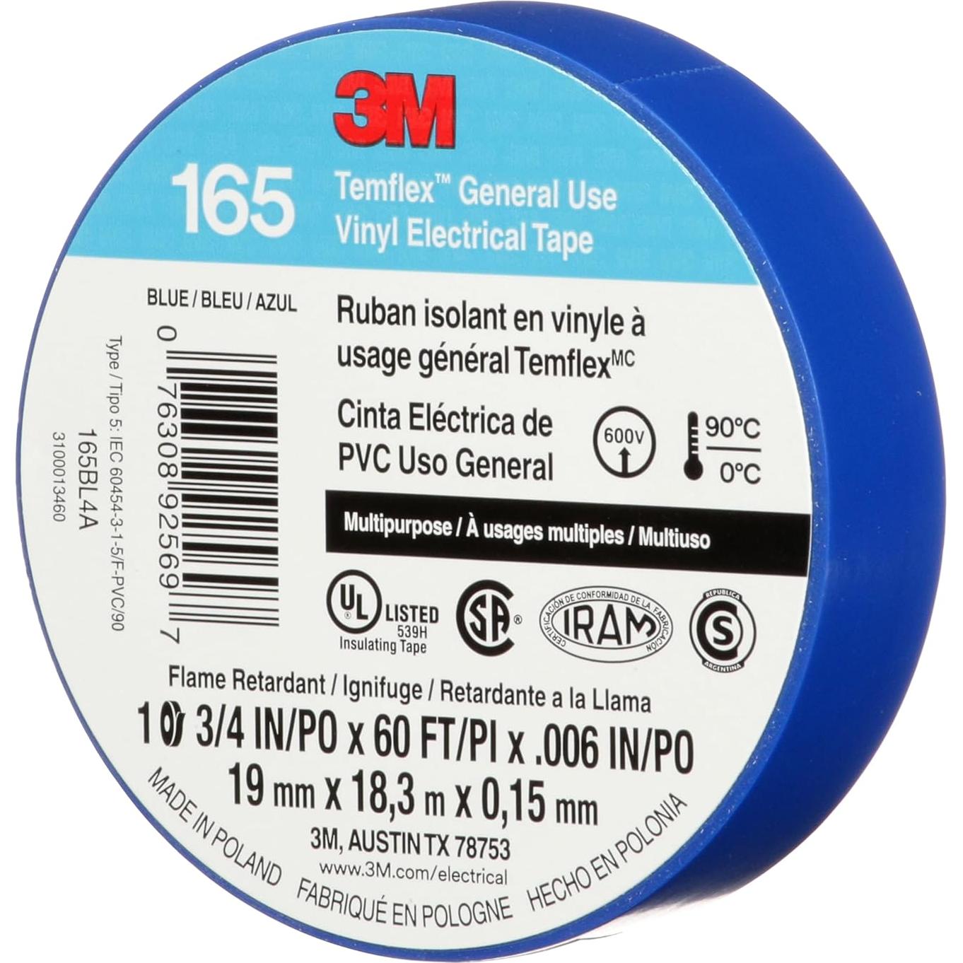 Cinta Eléctrica de Vinilo 3M Temflex 165 Azul 19mm x 18m 10 Rollos