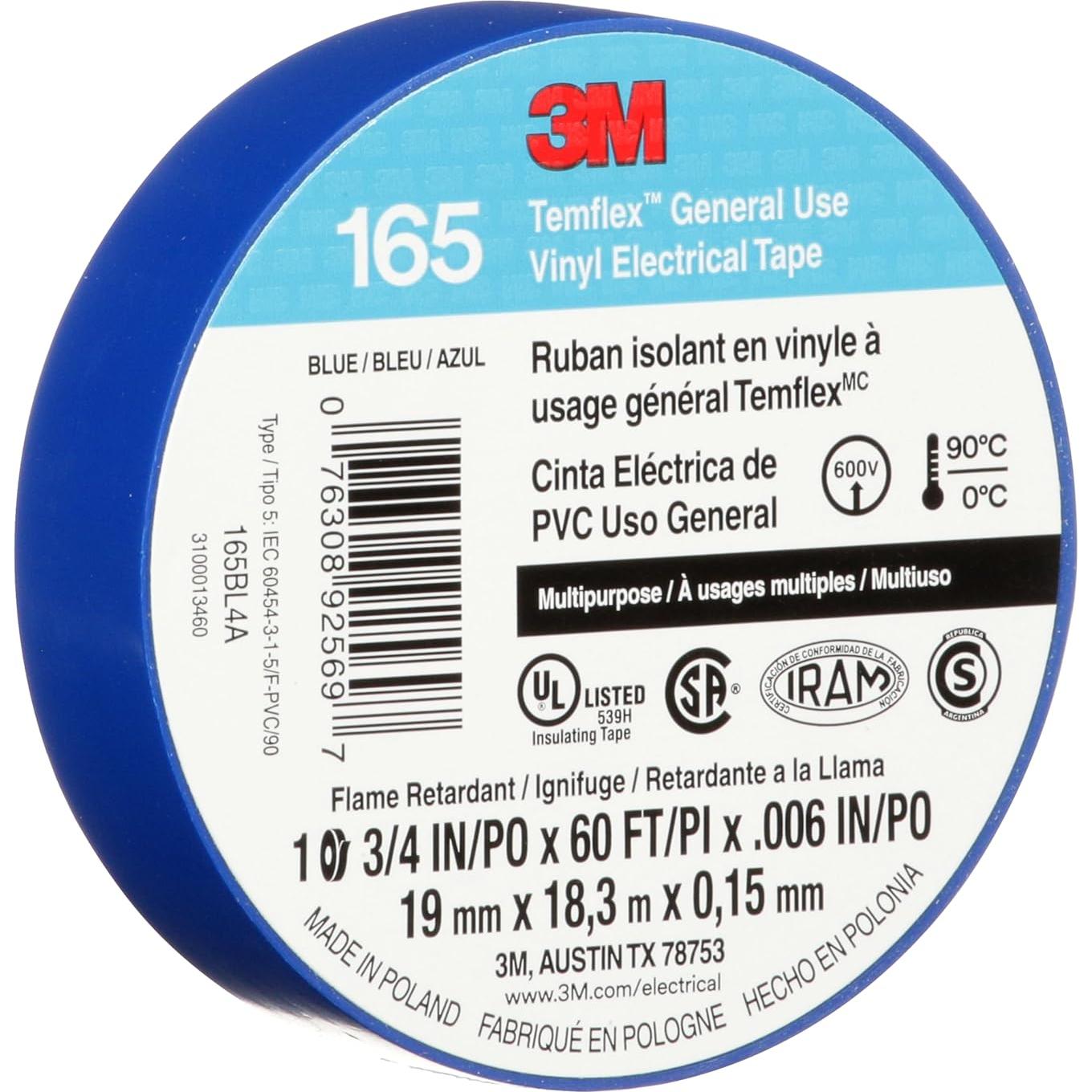 Cinta Eléctrica de Vinilo 3M Temflex 165 Azul 19mm x 18m 10 Rollos