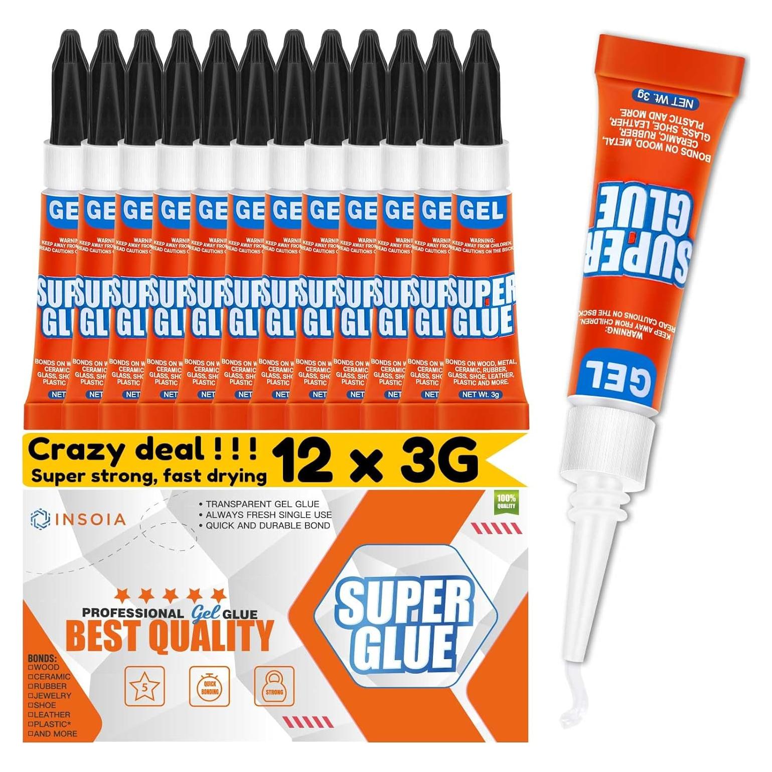 Super Glue Gel INSOIA 12 Tubos de 3g Adhesivo Multiusos