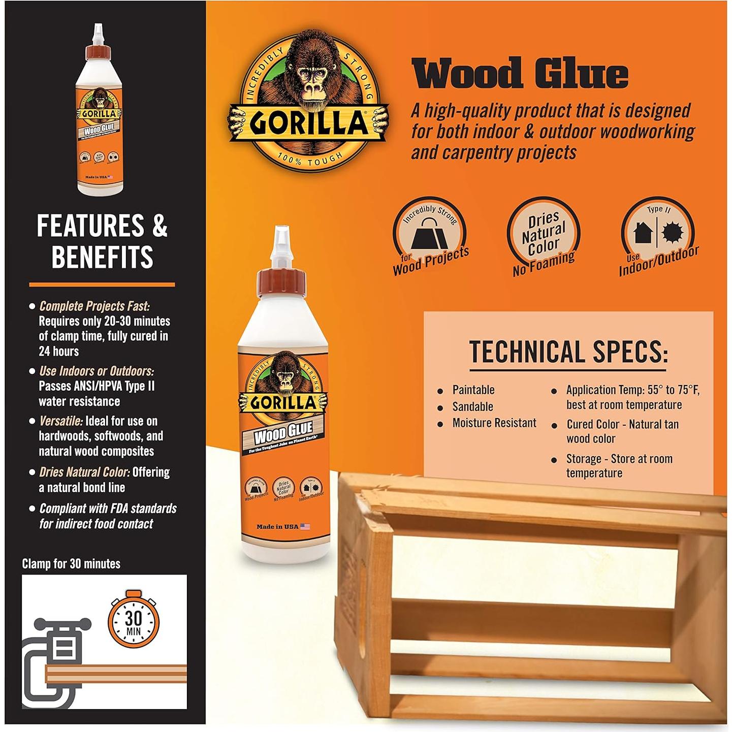 Pegamento de Madera Gorilla 532mL, Pintable y Lijable, Resistente