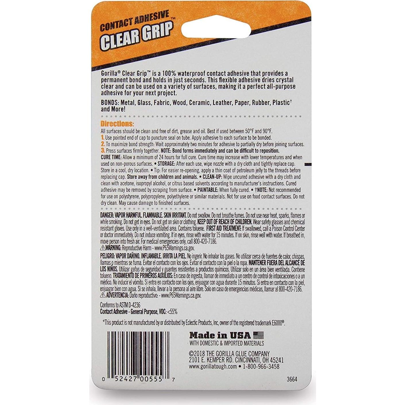 Adhesivo de contacto Gorilla Clear Grip 4 tubos 5.9ml impermeable