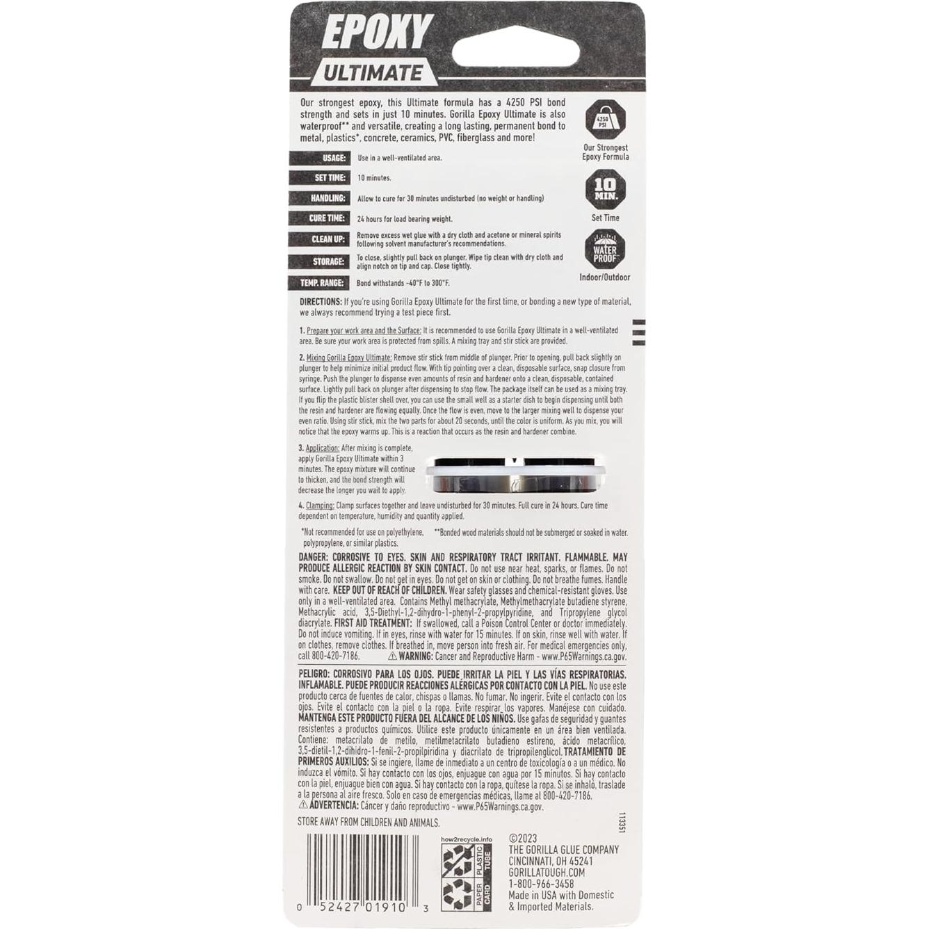 Gorilla Epoxy Ultimate 0.85oz Jeringa - Secado 10 Min, Impermeable