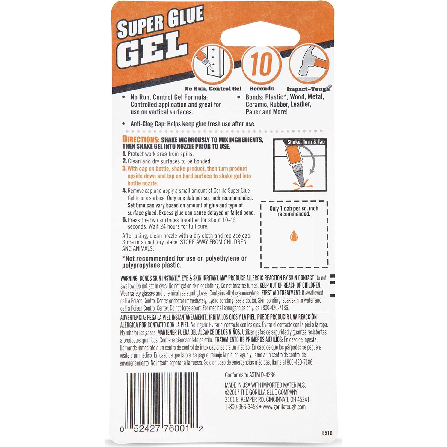 Gorilla Super Glue Gel 15g - Paquete de 2, Secado Rápido