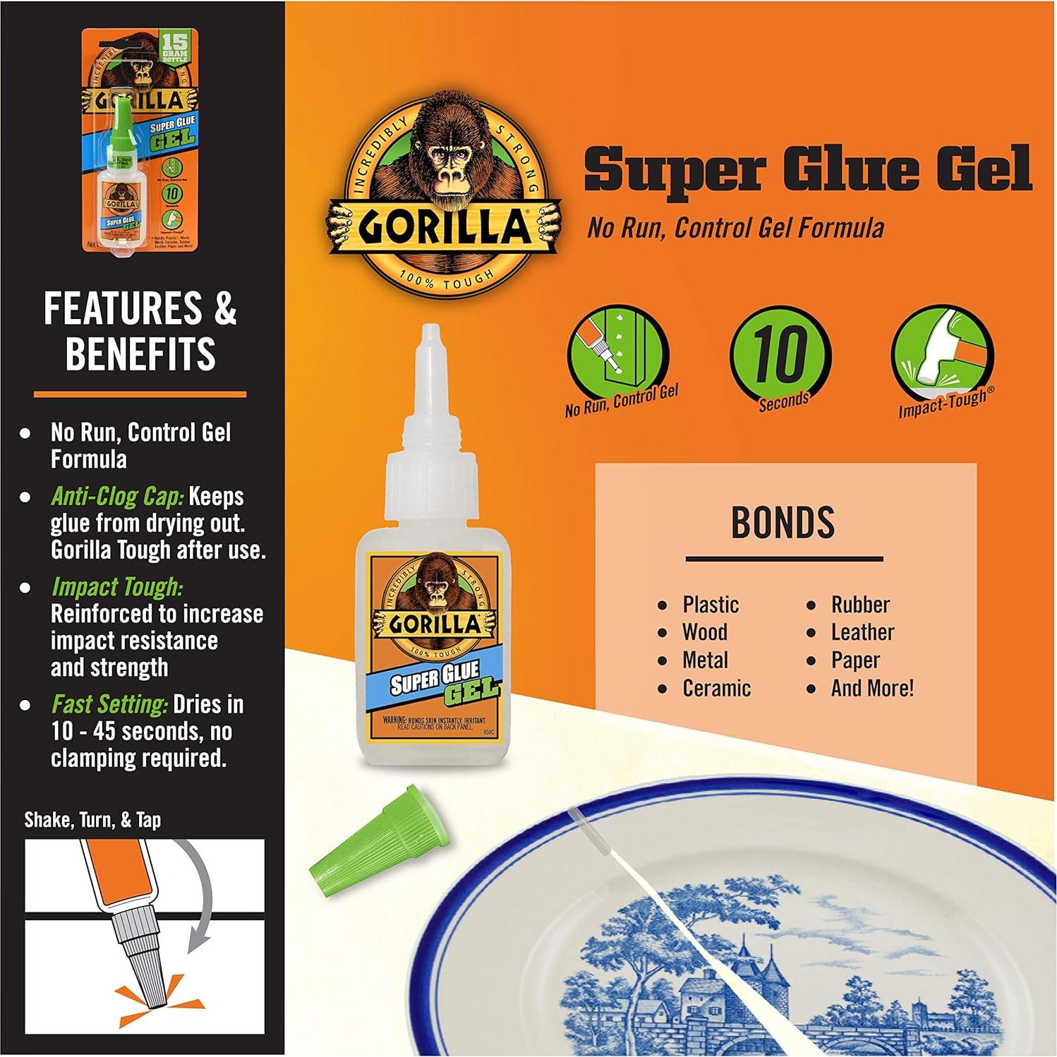 Gorilla Super Glue Gel 15g - Paquete de 2, Secado Rápido
