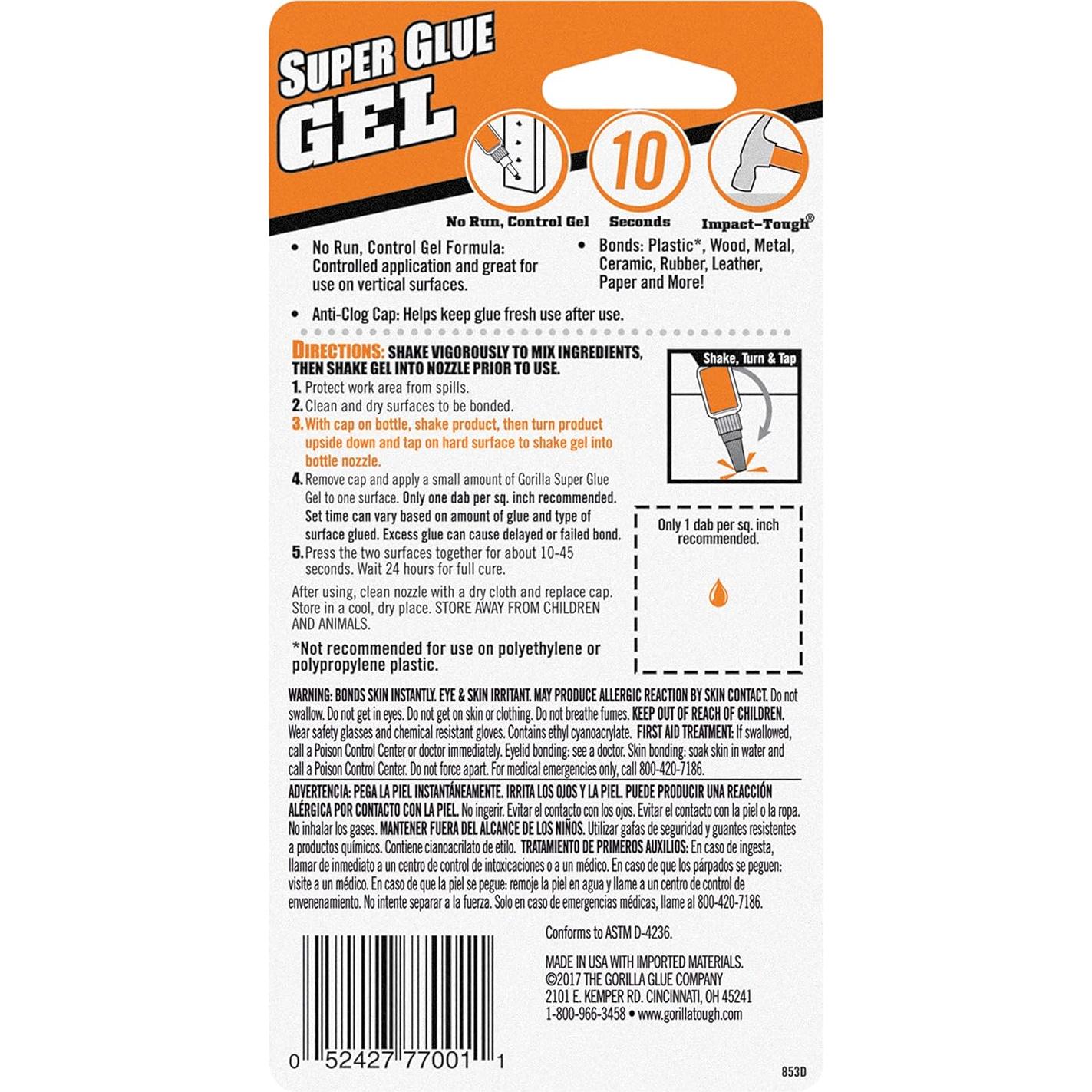 Gorilla Super Glue Gel 20g - Pegamento Transparente Multiusos