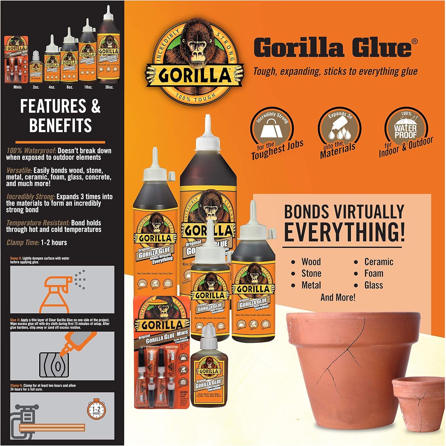 Gorilla Glue Original 4 Onzas, Pegamento Impermeable, Paquete de 2