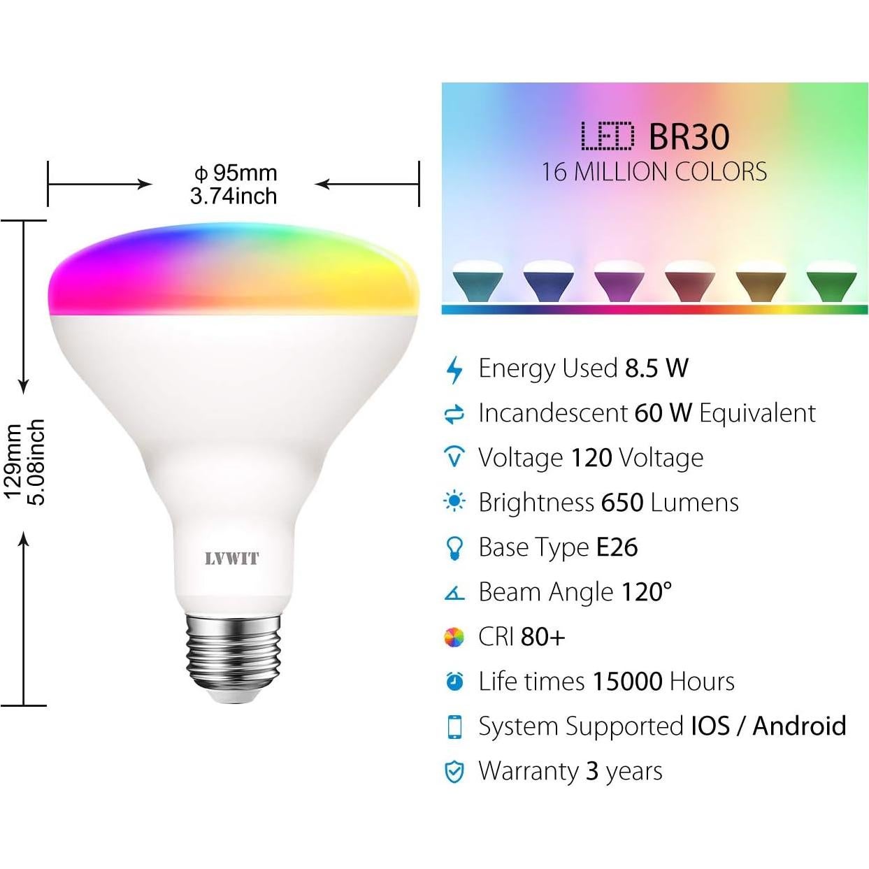 Bombilla Inteligente LED LVWIT BR30 Wi-Fi 8.5W RGB Paquete de 2