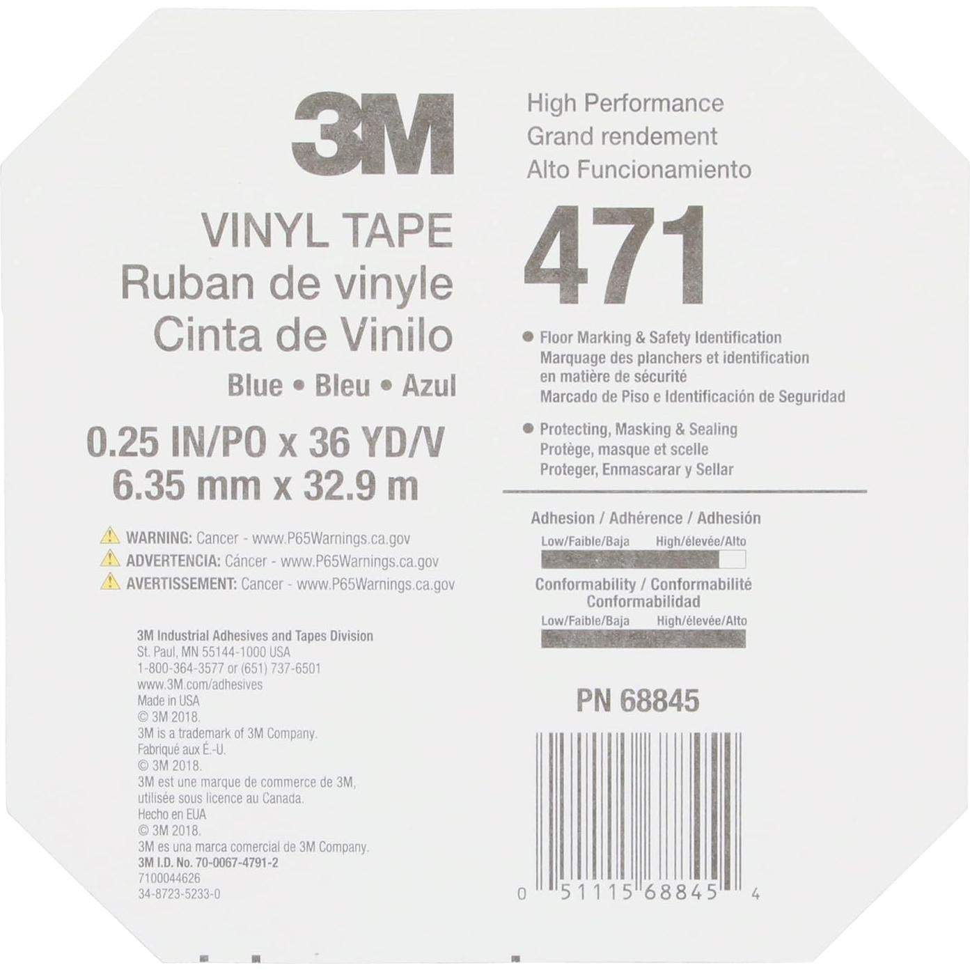 Cinta de Vinilo 3M 471, 0.64 cm x 32.9 m, Azul, Marcado de Suelo