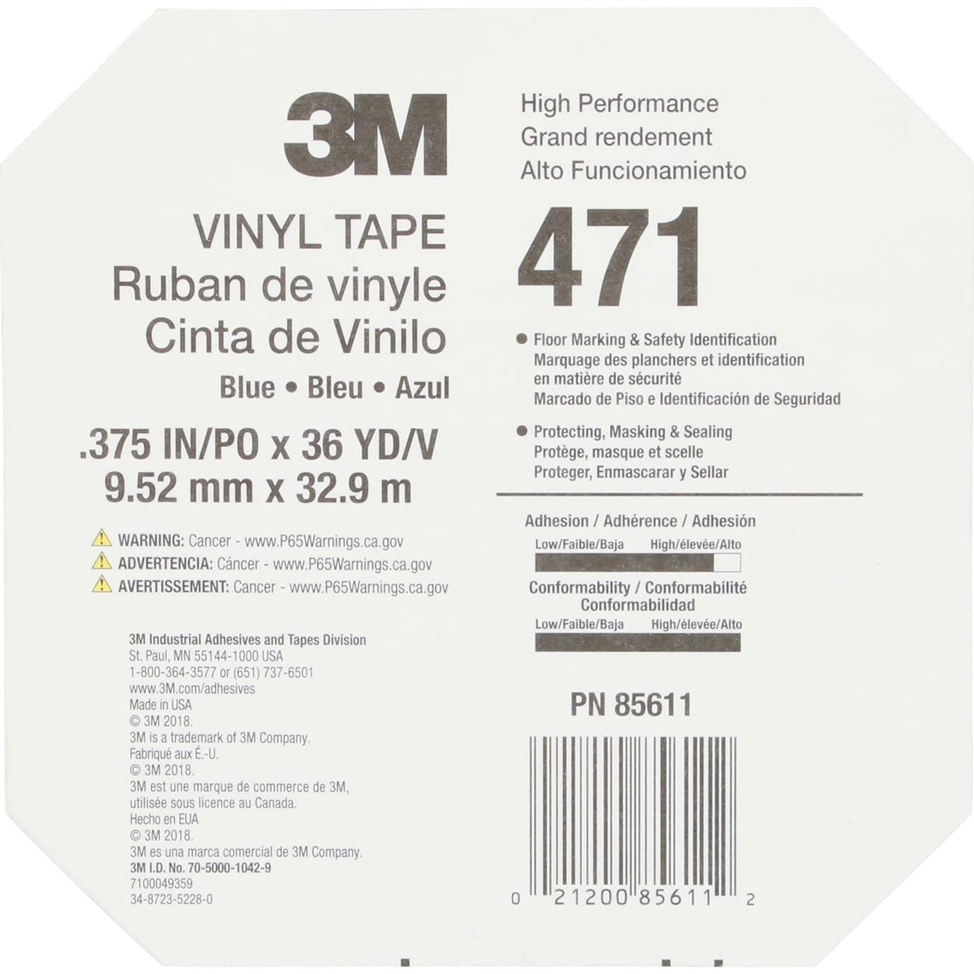Cinta de Vinilo 3M 471, 1 Rollo 9.5mm x 32.9m, Azul