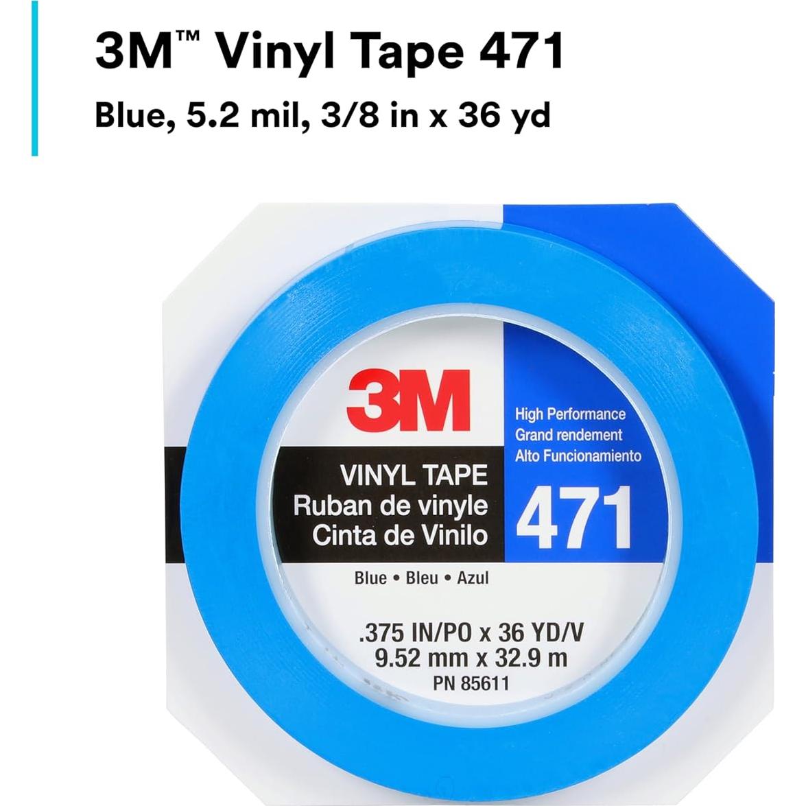 Cinta de Vinilo 3M 471, 1 Rollo 9.5mm x 32.9m, Azul
