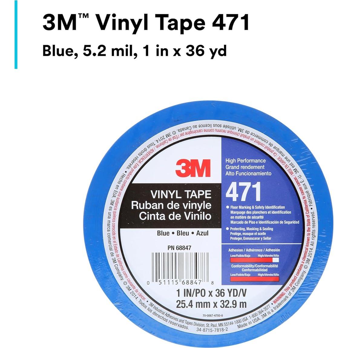 Cinta de Vinilo 3M 471, 2.54 cm x 32.92 m, Azul, Marcado de Suelos