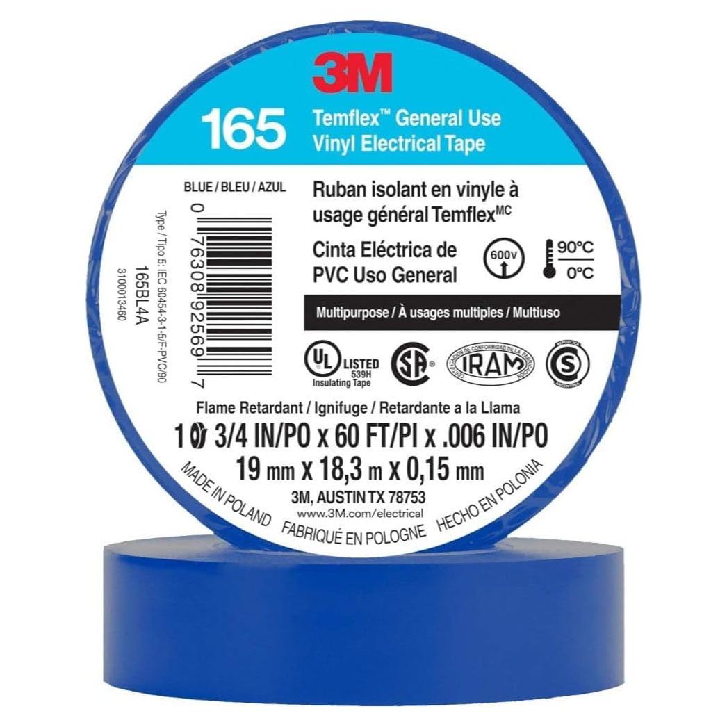 Cinta Aislante Eléctrica 3M 165BL4A Azul 19mm x 20.1m