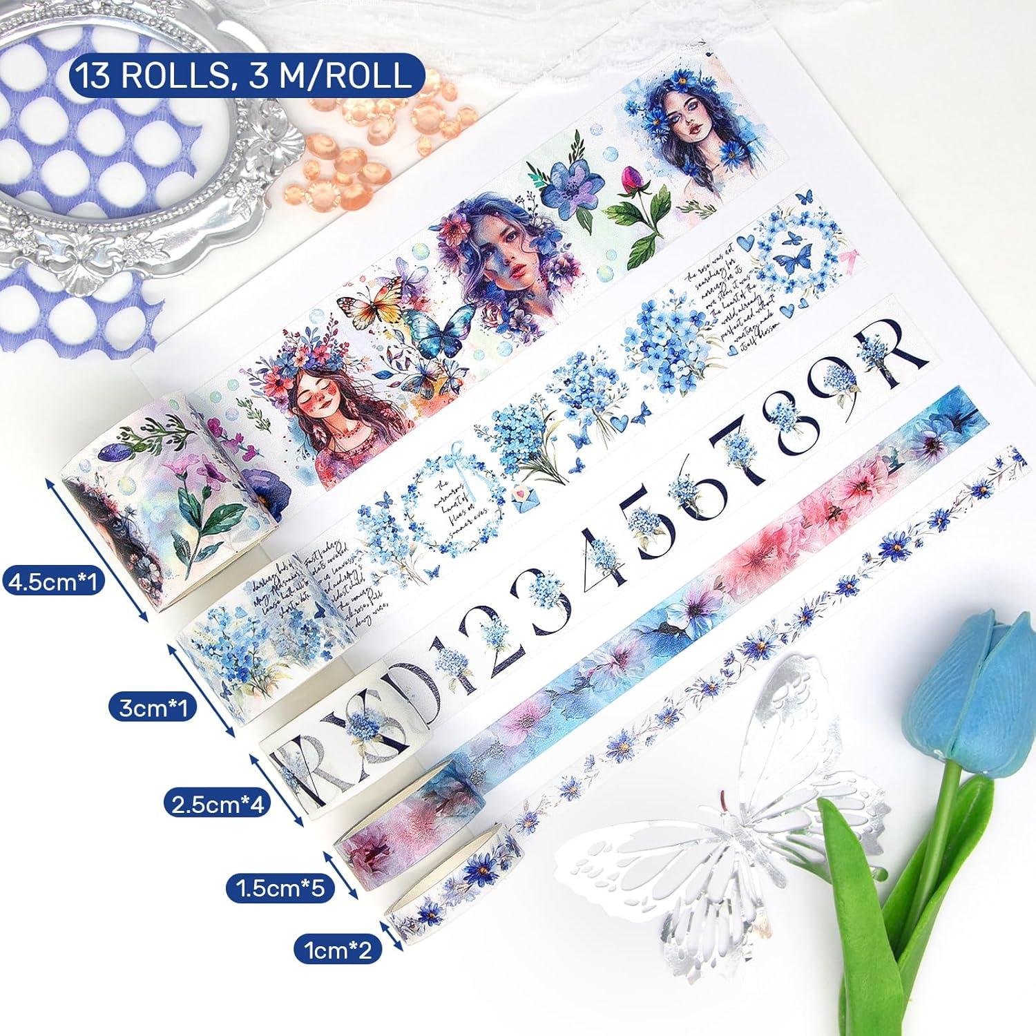 Juego de Washi Tape 13 Rollos - Cintas Decorativas Azules Brillantes