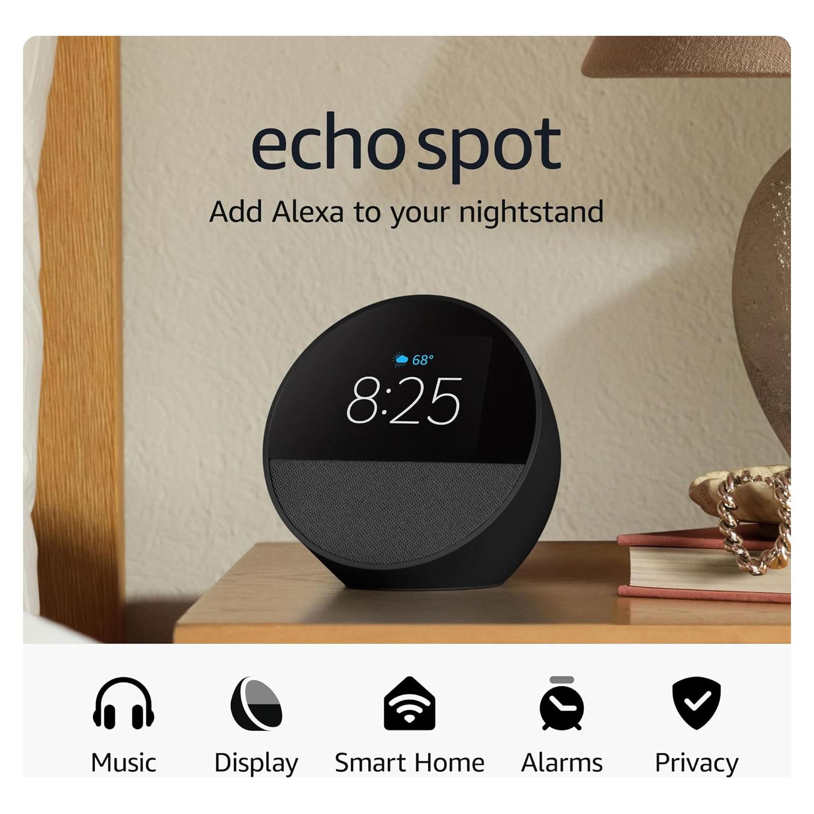 Like-New Amazon Echo Spot (newest model), Great for nightstands, offices and kitchens, Smart alarm clock with Alexa, Black