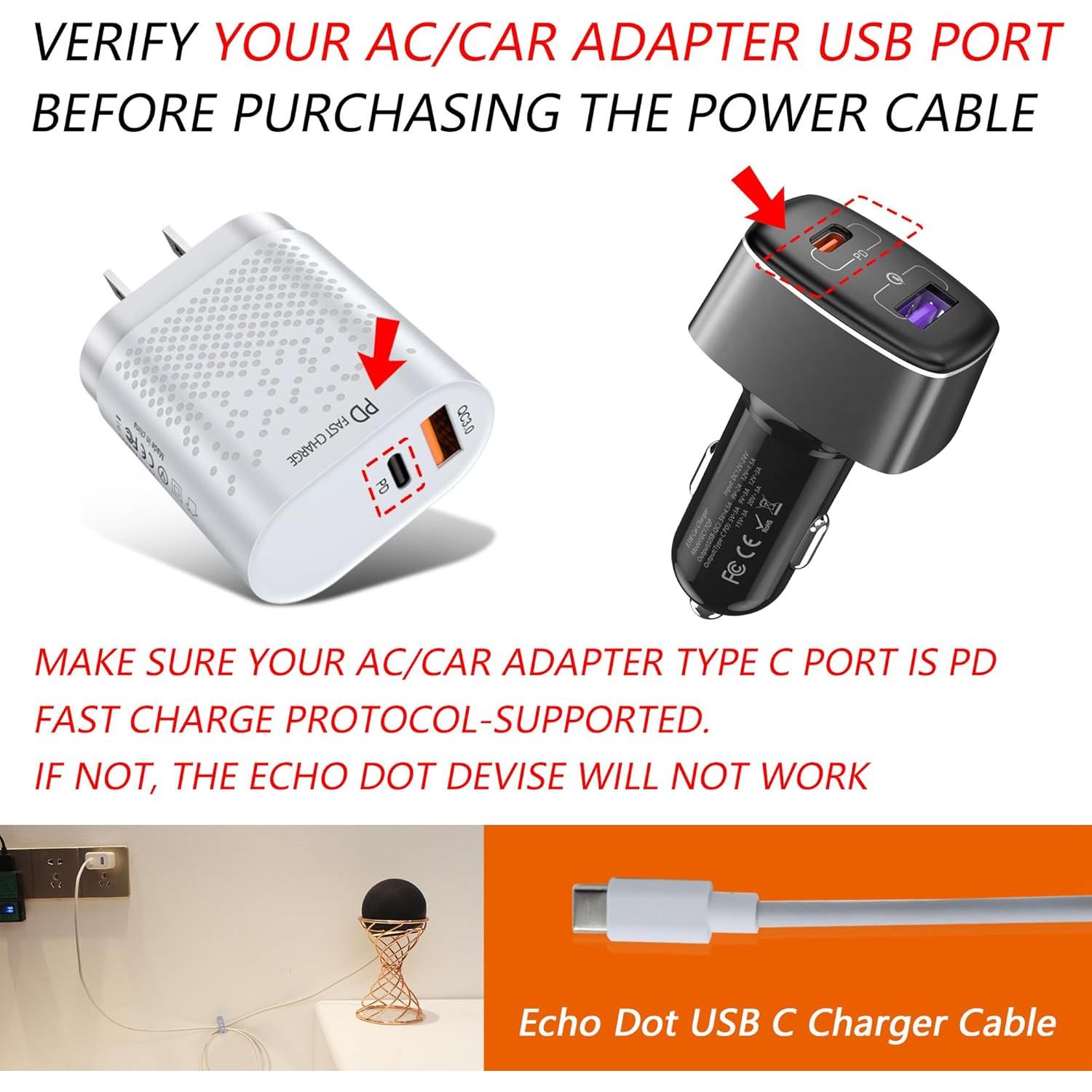 Cable de Cargador USB C 12V para Echo Dot 3ra/4ta Gen - Blanco