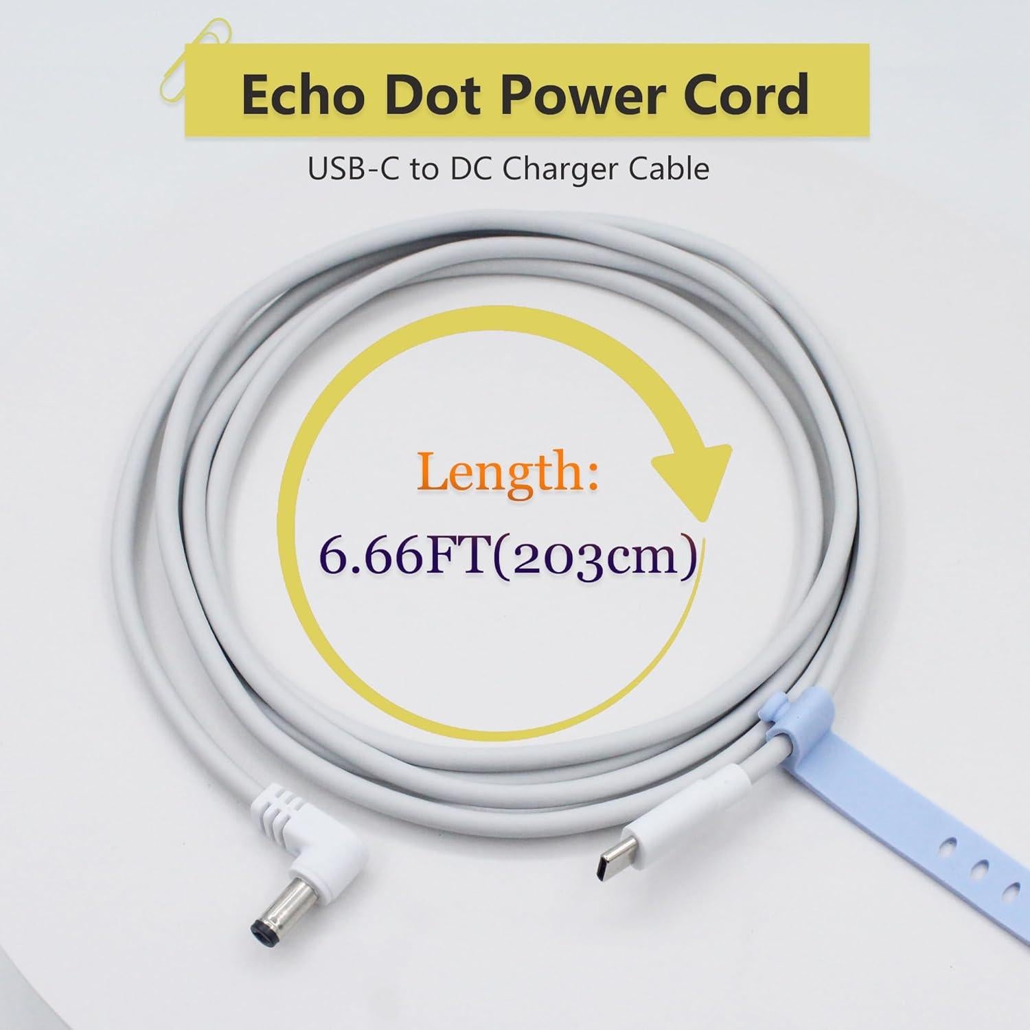 Cable de Cargador USB C 12V para Echo Dot 3ra/4ta Gen - Blanco