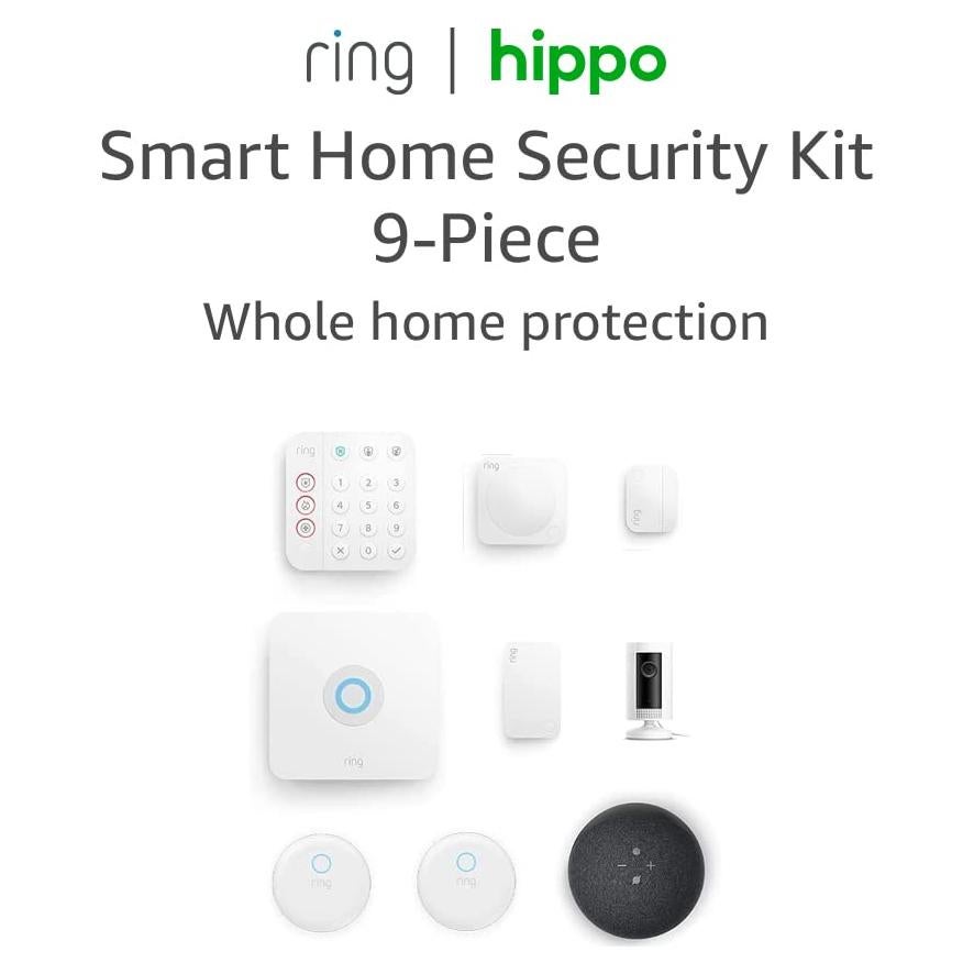 Ring | Hippo Smart Home Security Kit, 9-Piece: Ring Alarm with Ring Indoor Cam (1st Gen). Flood/Freeze sensor, Smoke/CO listener and Echo Dot